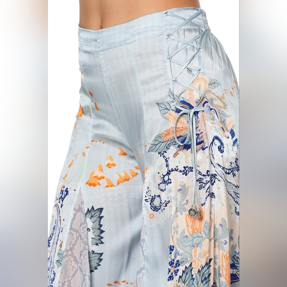 B3. NWOT CAMILLA FRASER FANTASIA SILK FLARE PANTS WITH LACE UP SIDE - Picture 4 of 16